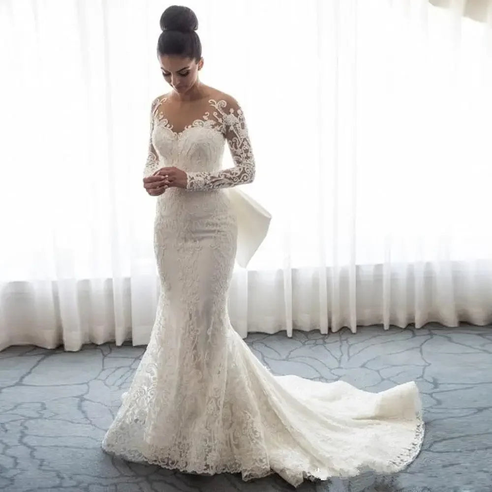 Customized Mermaid Wedding Dresses Sheer Neck Long Sleeves Illusion Full Lace Applique Bow Overskirts Button Back Chapel Train B