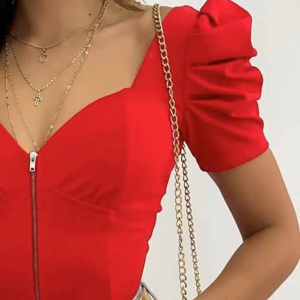 Spring New Fashion Casual Sexy Female Clothing T-Shirts Pullover Tops Floral Pattern Puff Sleeve Women Top