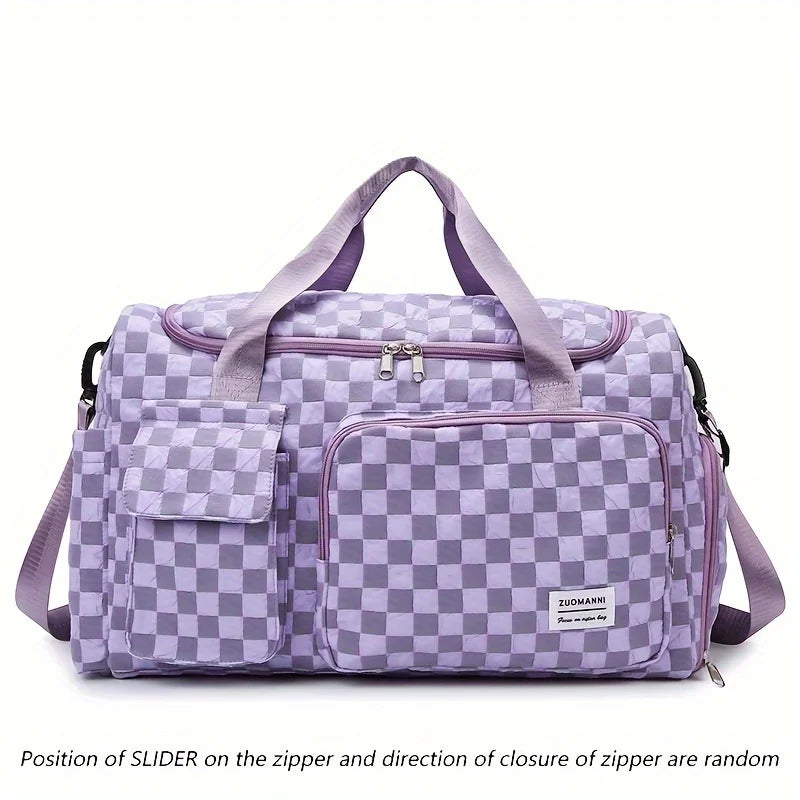 Stylish Checkerboard Pattern Design Large Capacity Duffle Travel Bag, Portable Sports Gym Bag, Weekender Overnight Bag