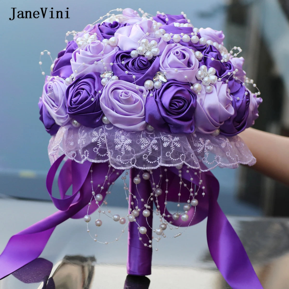 JaneVini Stunning Pearls Purple Flowers Bridal Bouquets Ribbon Handle Artificial Satin Roses Bride Bouquet Wedding Accessories