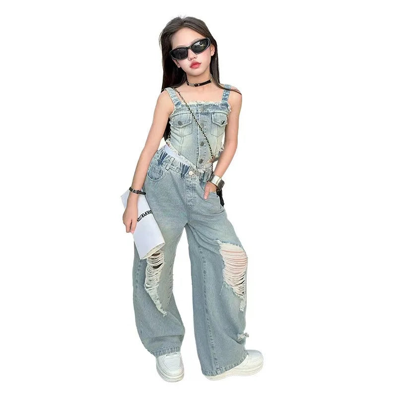 Girl Summer 2025 Halter Vest Ripped Wide-Leg Pants Two-Piece Set Kids Casual Harbor Flavor Simple Style