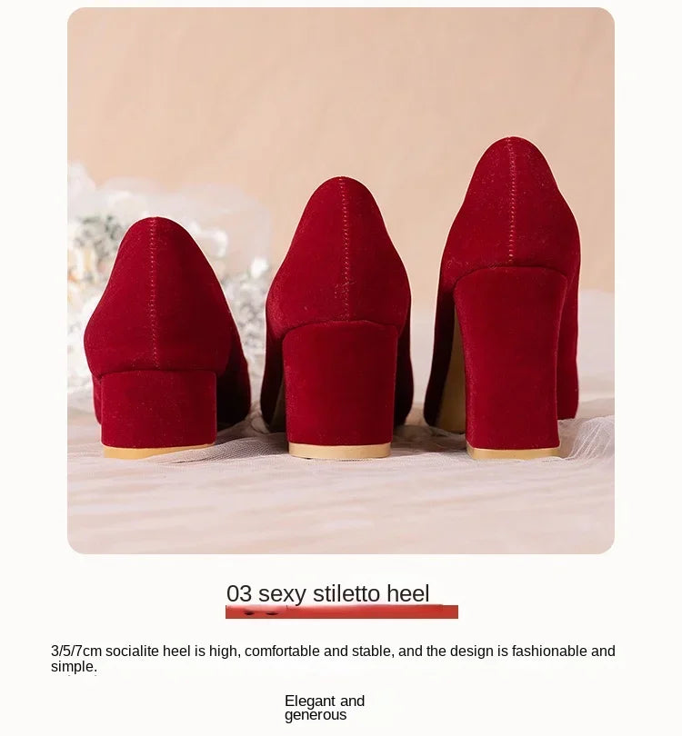 French Red Wedding Shoes for Women 2024 Spring/Summer/Autumn New Pointed Thick Heels Not Tiring Feet Bride Shoes
