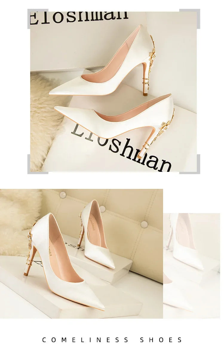 Women's Metal Flowers Stiletto High-heel Shoes Female Light Luxury Sexy Fashion Wedding Shoes Pointed Toe Satin Single Shoes
