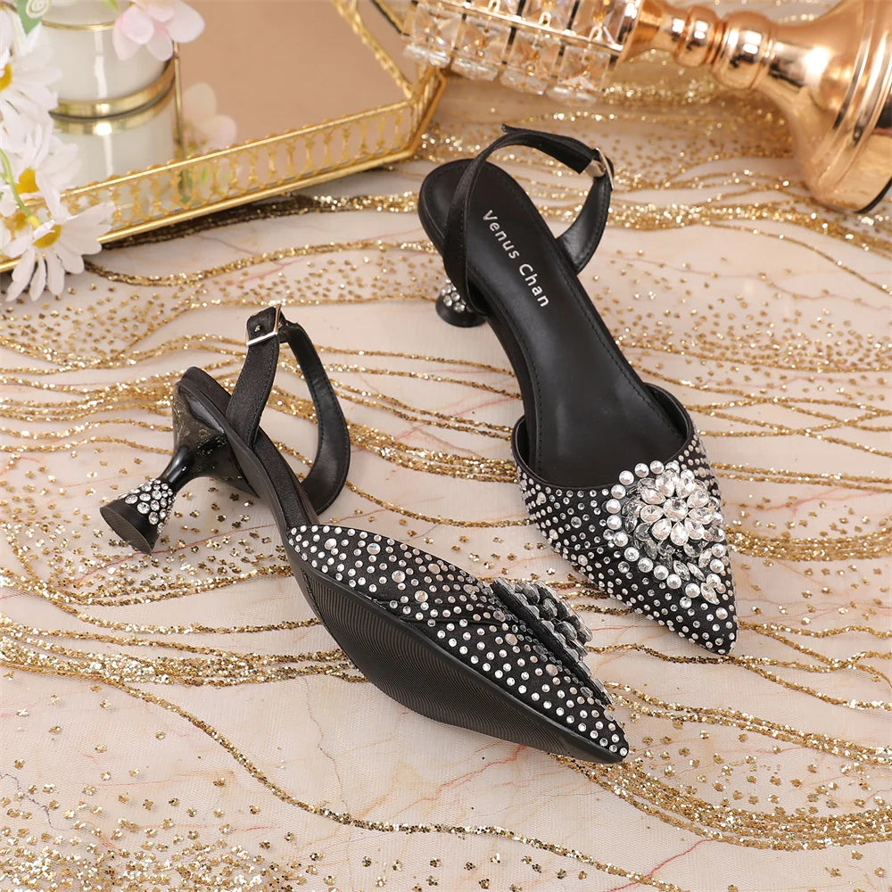 Luxury Elegant High Heels Royal Blue Color Diamond Embellished Pointed Toe Women's Shoes for Wedding Party Casual 2025 Style
