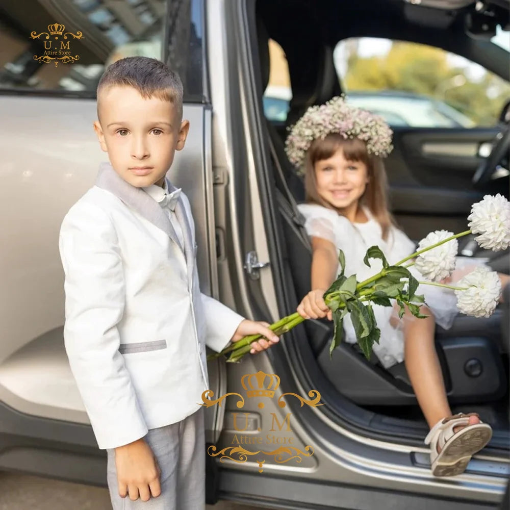 Boys' Linen Suit 2-piece set white Jacket Grey Pants Toddler first communion Outfit, pageboy formal set for wedding ring bearer