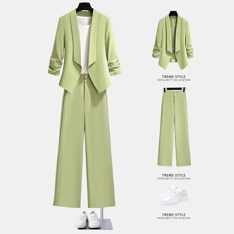 Women Spring Summer Green Blazer Pants Two Pieces Sets 2025 Office Lady Graceful Thin Suit Jacket Trousers Outfits Work Clothing