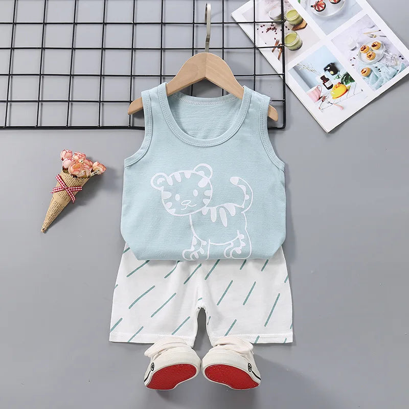 2025 New Summer Children Clothing Set Boys Girls Sleeveless Shorts Children's Suspenders Baby Vest set Kids Clothes