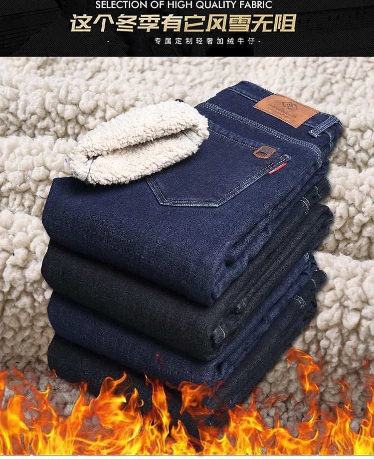 Winter New Fashion Trend Solid Color Plus Plush Thick Warm Jeans For Men's Casual Loose Sports Straight Leg Elastic Jeans 28-40