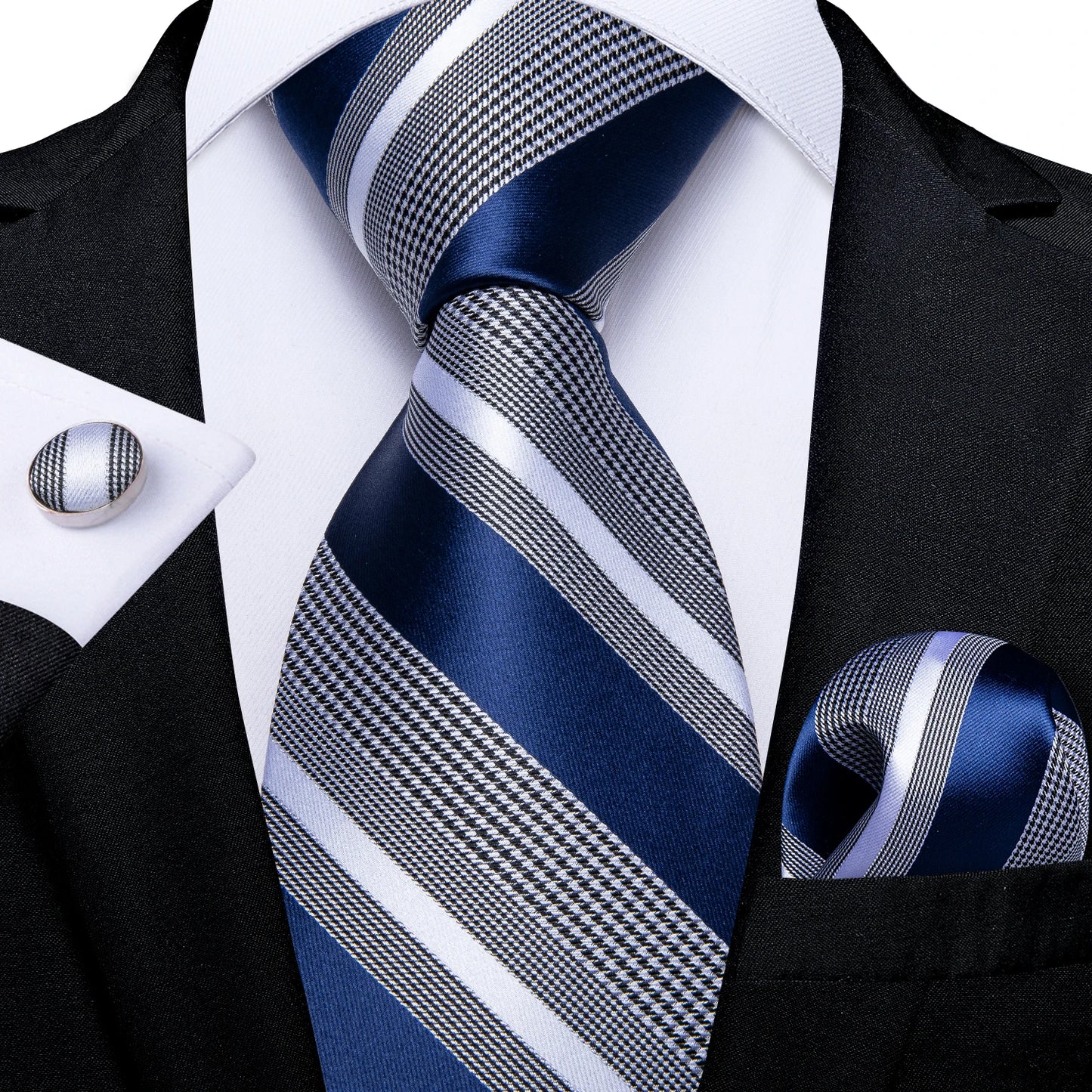 Solid Black Plaid Men's 8cm Polyester Neck Tie Handkerchief Cufflinks Set with Gift Box Tie Clip Birthday Anniversary Gift