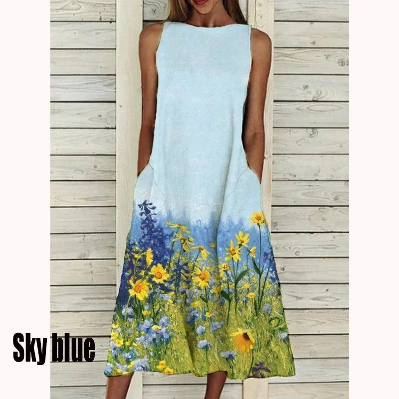 2023 Summer Women Clothing Fashion Elegant Sleeveless Print A-Line Dress Round Neck Casual Party Dresses Girls Sweet Dress
