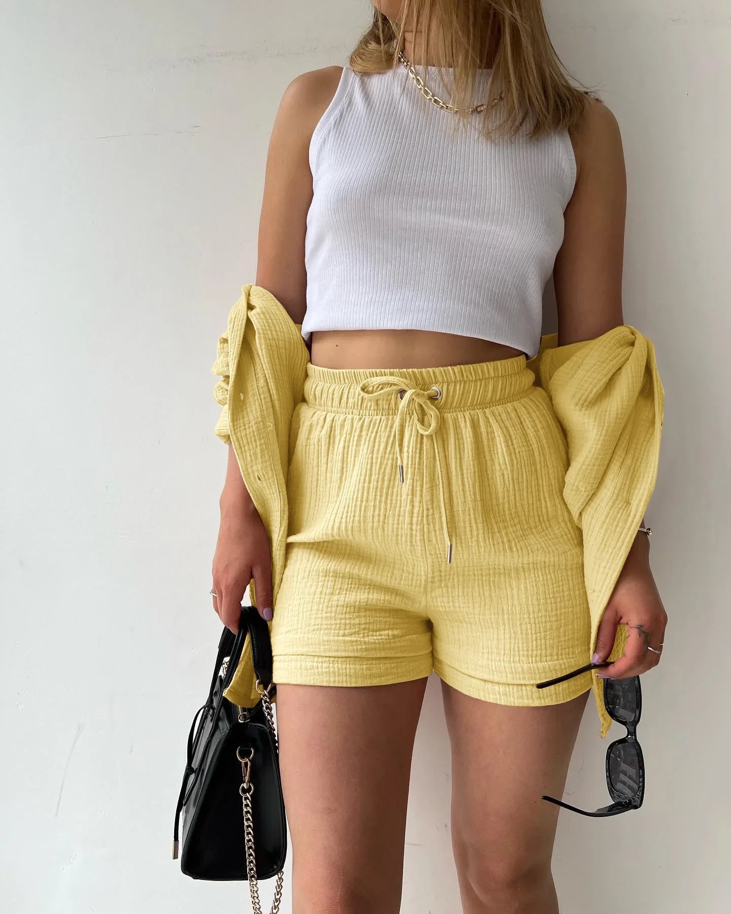 Short Sets Women Tracksuit Single Breasted Cardigan Blouses Two Pieces Shorts Loose Button High Street Solid Pockets Folds