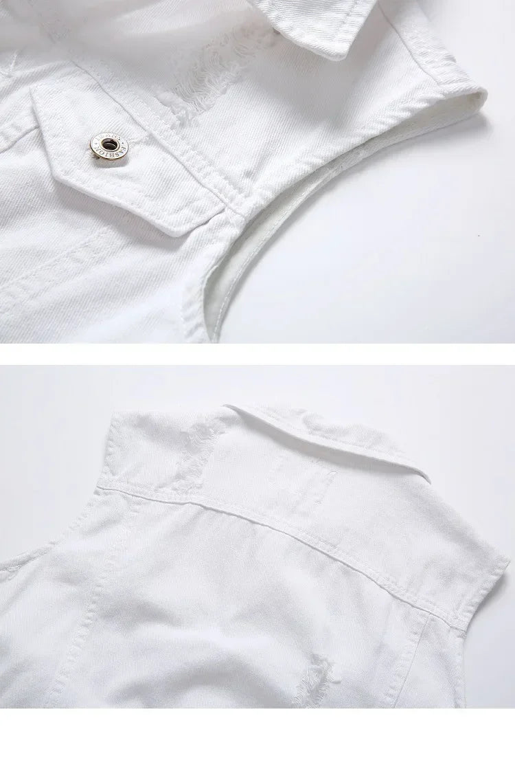 Summer Mens Ripped Denim Vest Male Tank Top Washed Jeans Waistcoat Man Retro Cowboy Hip Hop White Sleeveless Jacket