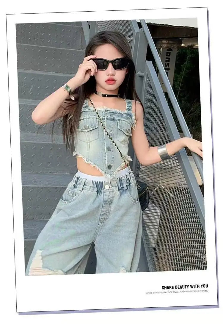 Girl Summer 2025 Halter Vest Ripped Wide-Leg Pants Two-Piece Set Kids Casual Harbor Flavor Simple Style