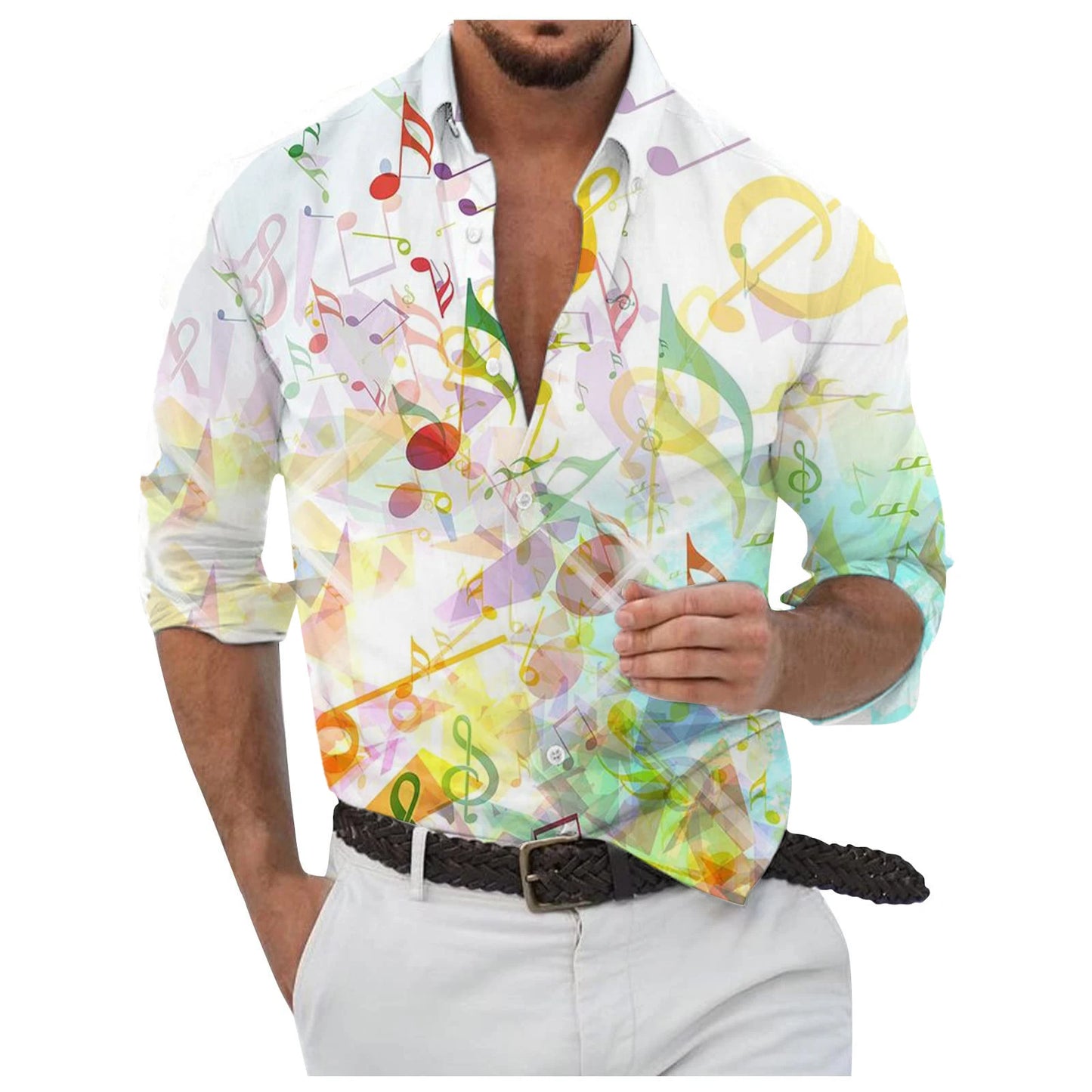 Men's Button Up Shirt Music Notes Collar 3D Print Daily Vacation Long Sleeve Print Clothing Apparel Hawaiian Casual Beach