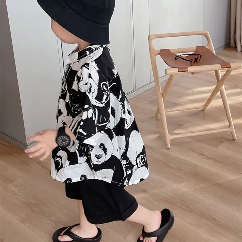 Summer fashion boys short sleeve shirt cartoon printed children turn-down collar shirt baby boy cotton Tops beach clothing
