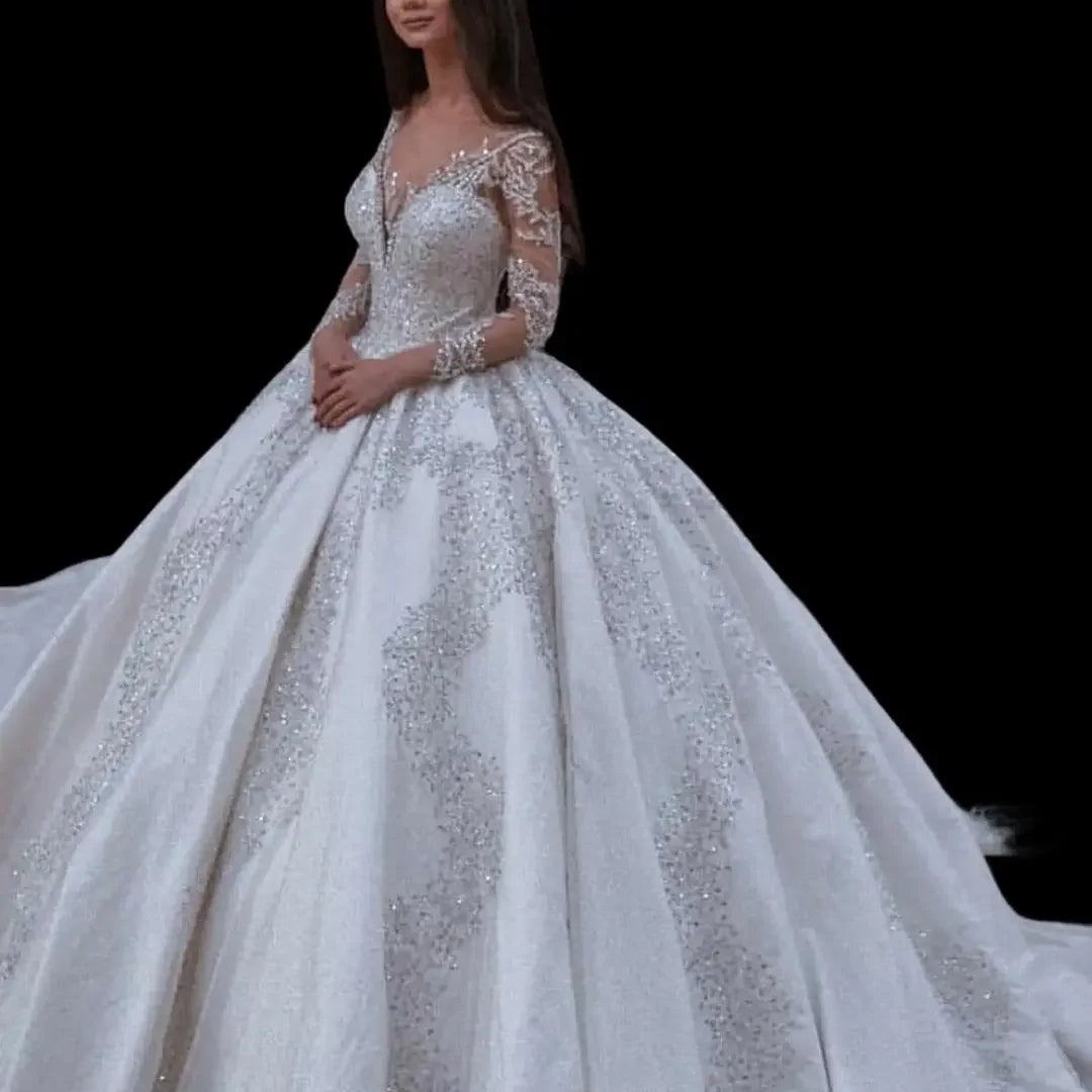 Customized Deep V Neck Full Beaded Sequins Wedding Dress Cathedral Train Long Sleeves Vestido De Casamento Bridal Gowns