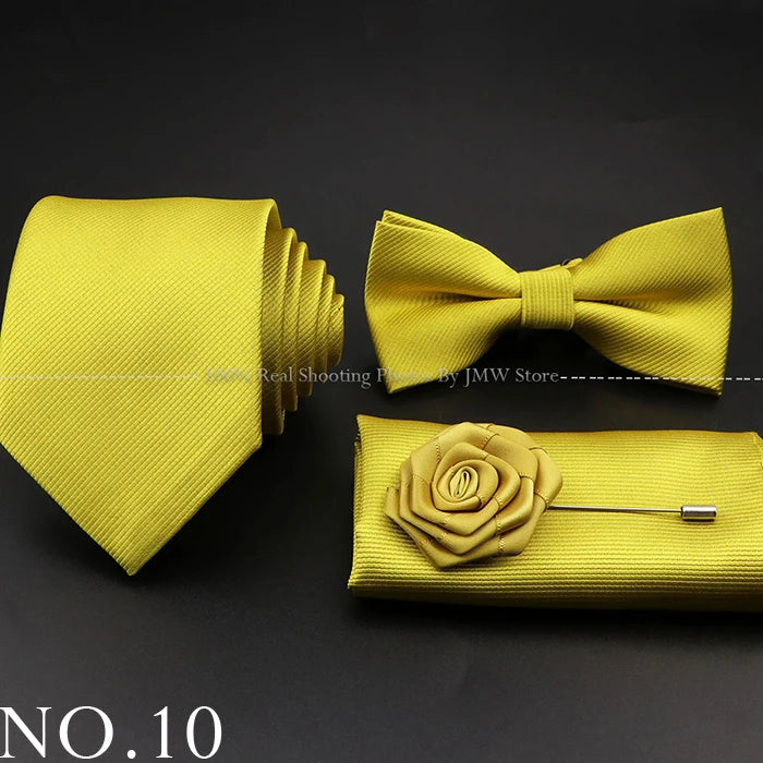 Hot Sale Red Blue Tie Set Polyester Slim Striped Necktie Bowtie Cufflink Brooch For Groom Suit Wedding Cravat Shirt Accessory