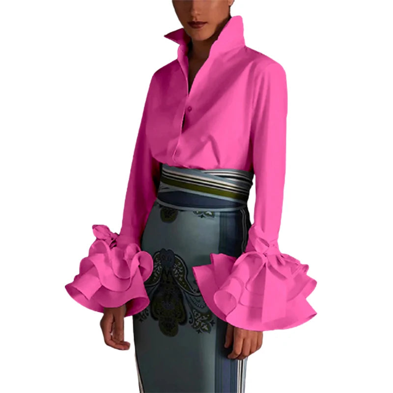 Women Elegant Flared Sleeves Falbala Blouses 2024 New Spring Autumn Black White Color Casual Office Lapel Shirts Tops