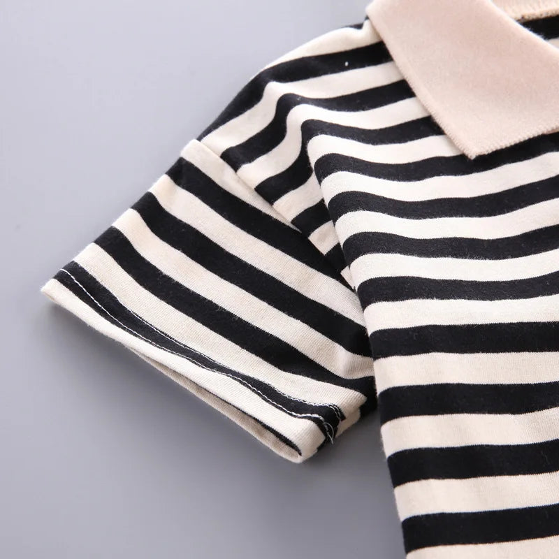 Fashion Summer Kids Baby Boys Striped Suits Short Sleeve T-Shirt with Doll+Shorts Casual Clothes Outfit Girls Clothing 2PCS/Set