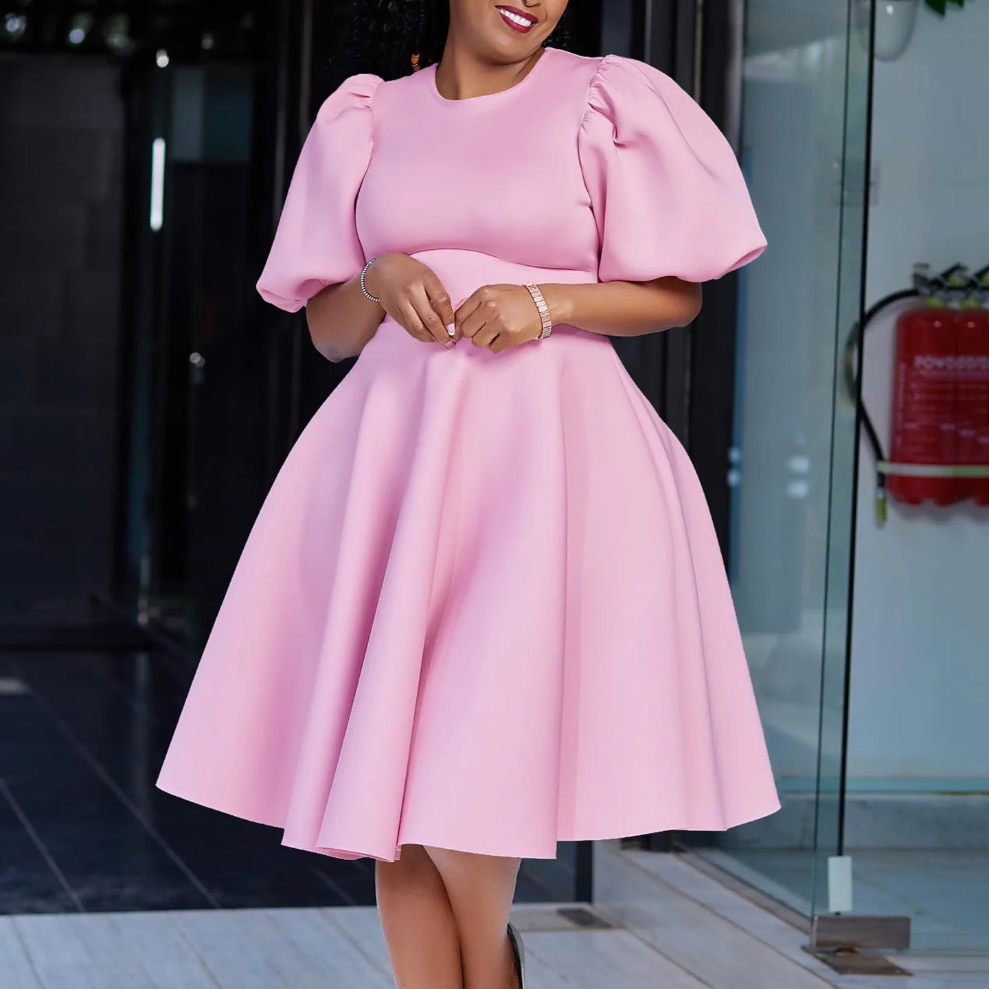 Elegant Party Dresses for Women O Neck Short Sleeve High Waisted A Line Pleated Mid Calf Luxury Birthday Dinner Vestidos Mujer