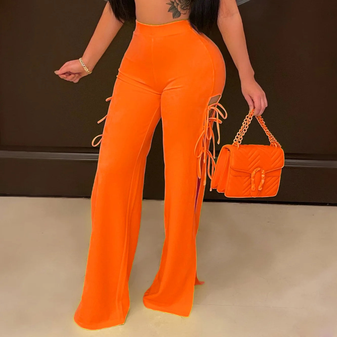 BKLD Women Clothing Fashion Solid Color Lace-Up Flared Pants Sexy Night Club Outfits Party Wide Leg Pants High Waist Trousers