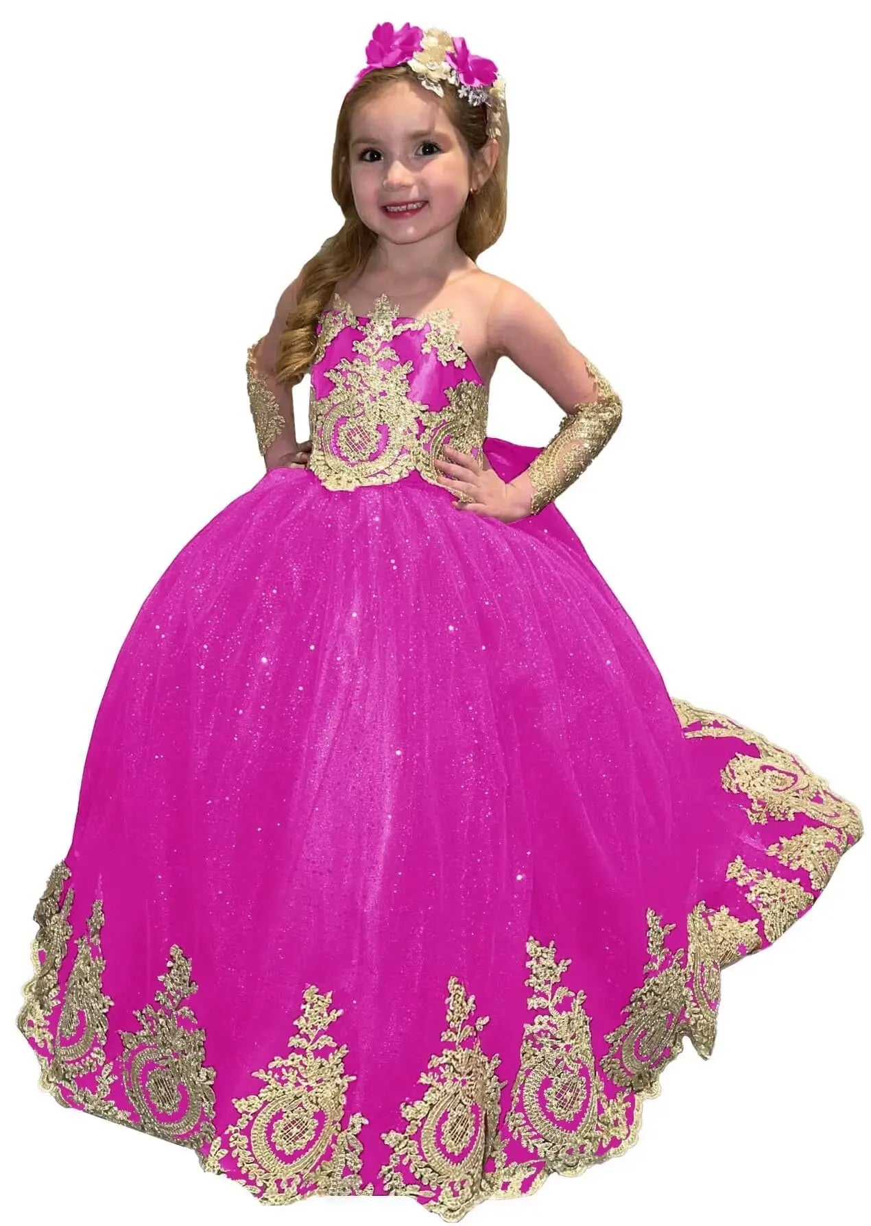 Glitter Puffy Princess Flower Girl Dresses Gold Appliques Bow Tulle Long Pageant Wedding Party Mini Quinceanera Dress Ball Gowns