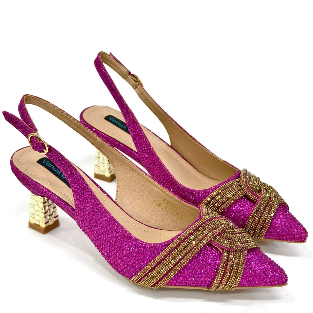 Venus Chan 2024 Special Design High Quality Orange Color African Women Shoes and Bag Set with Shinning Crystal for Wedding Party