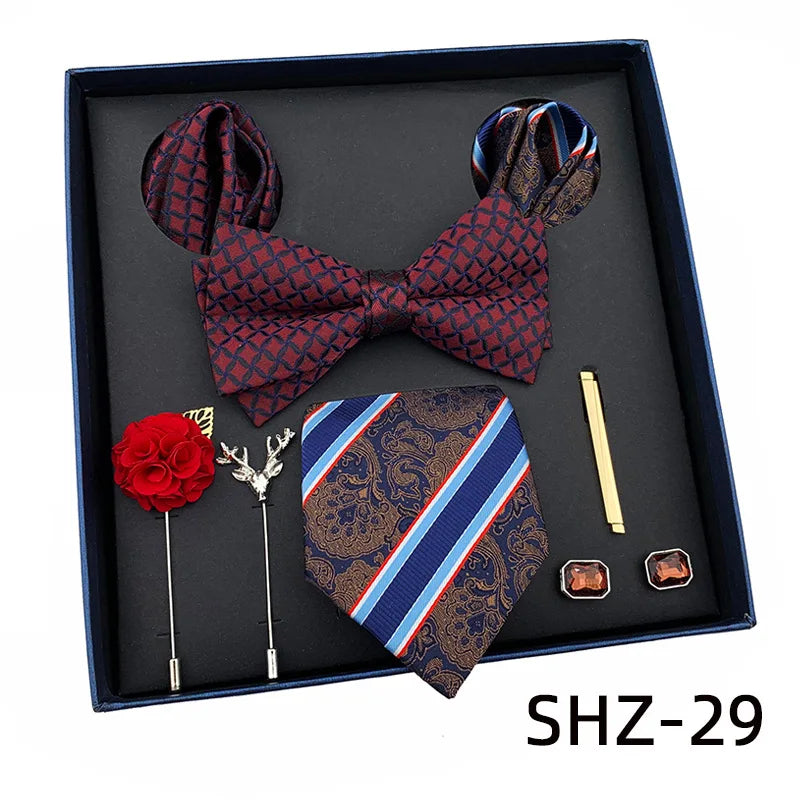 Vintage Green Men's Tie Set Luxury Neck Ties For Wedding Gift Bowtie Handkerchief Cufflinks Tie Clip Brooch Set For Male Necktie