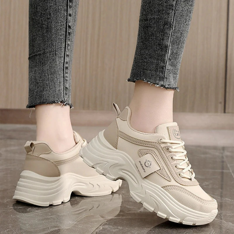 Women Sneakers Leather Height-Increasing Shoes Fashion Lace-up Casual Shoe Outdoor Vulcanized Shoe Designer Platform Women Shoes