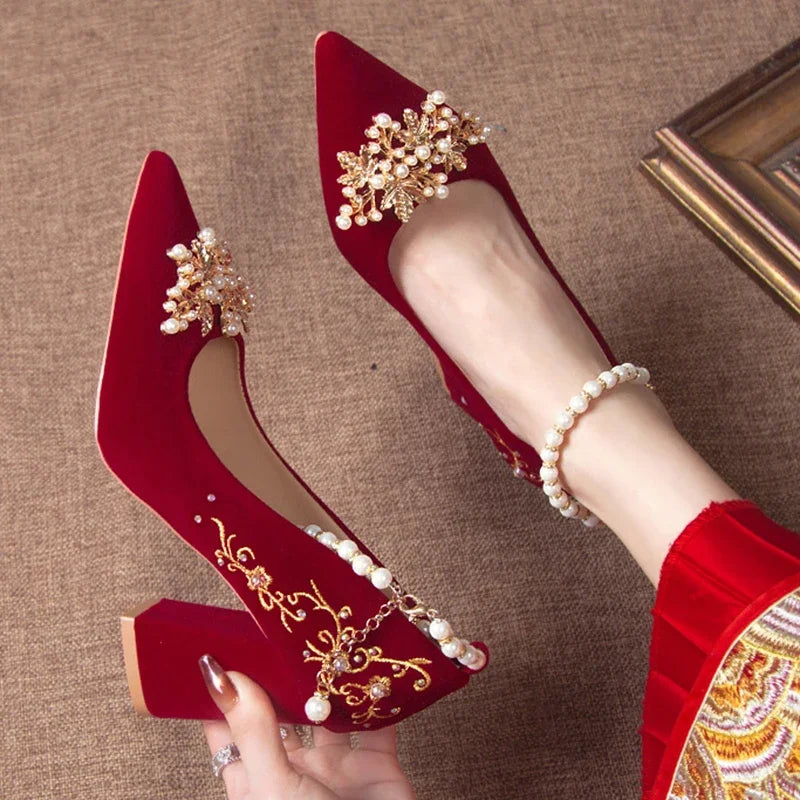 Wedding Shoes Female Footwear Bride Dress New Flower High Flat Floral Pumps Shoes Woman Flats Dress Wedding New Floral Pumps