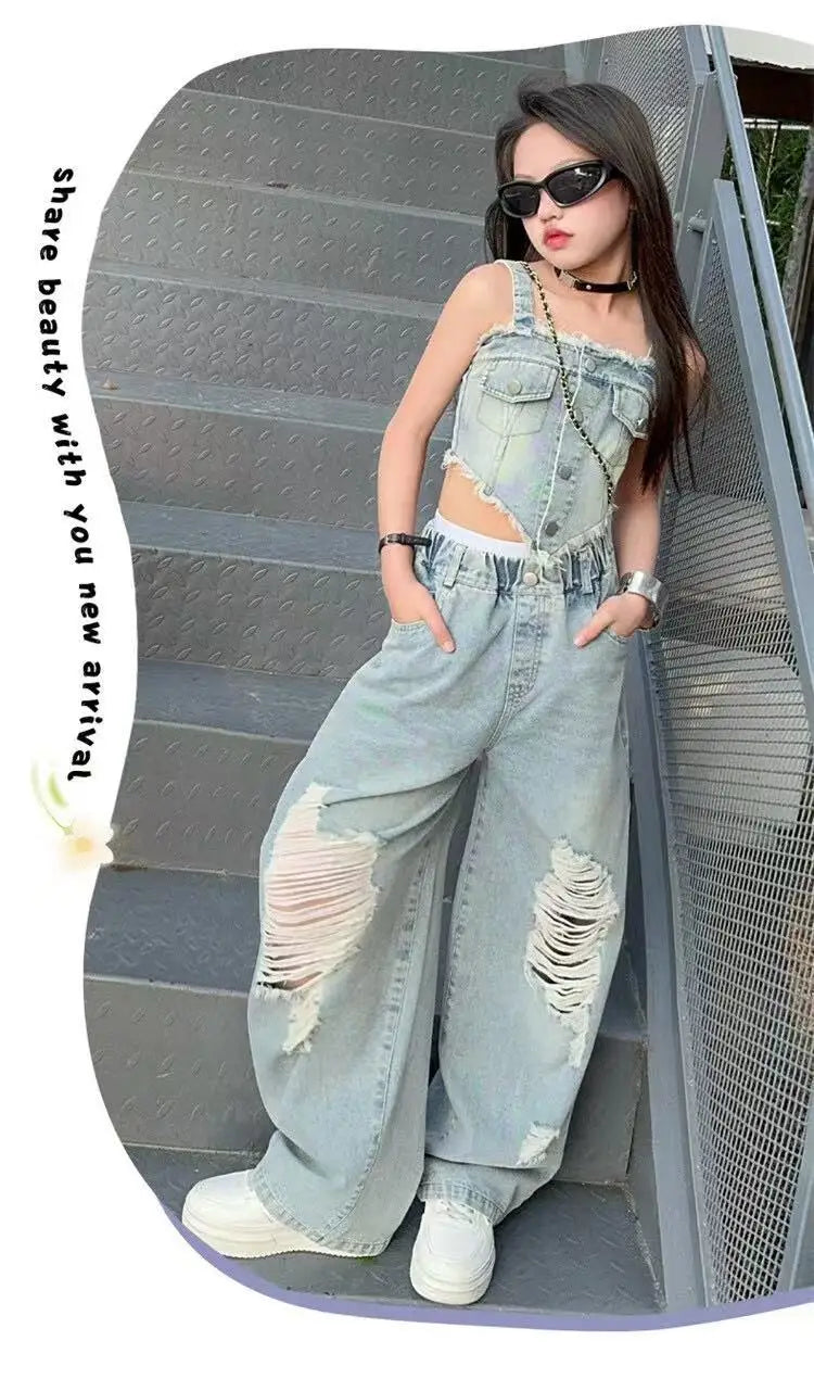 Girl Summer 2025 Halter Vest Ripped Wide-Leg Pants Two-Piece Set Kids Casual Harbor Flavor Simple Style