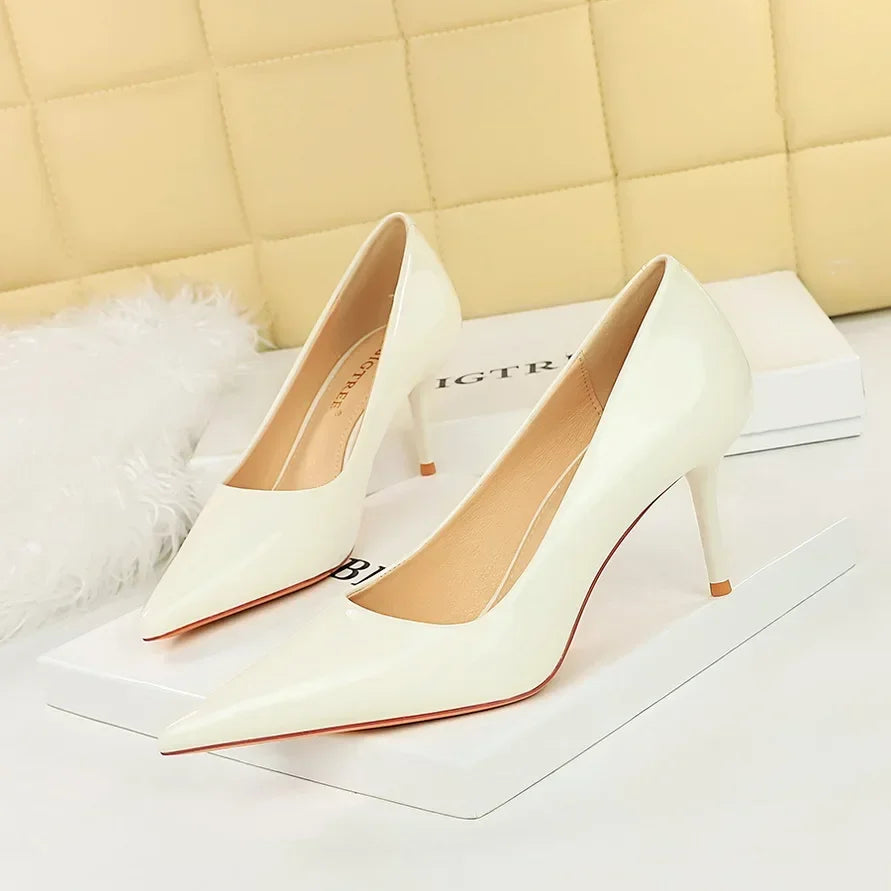 Women 7cm High Heels Career Temperament Work Pumps Lady Stiletto Heels Glossy Leather Fetish Royal Blue Nude Party Concise Shoes