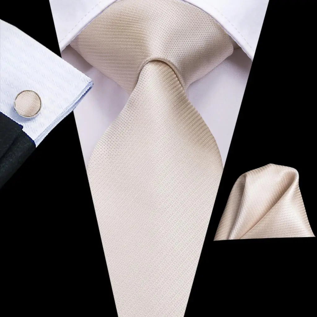 Hi-Tie Champagne Ivory Floral Solid Design Silk Wedding Tie For Men Quality Hanky Cufflink Fashion Nicktie Business Dropshipping