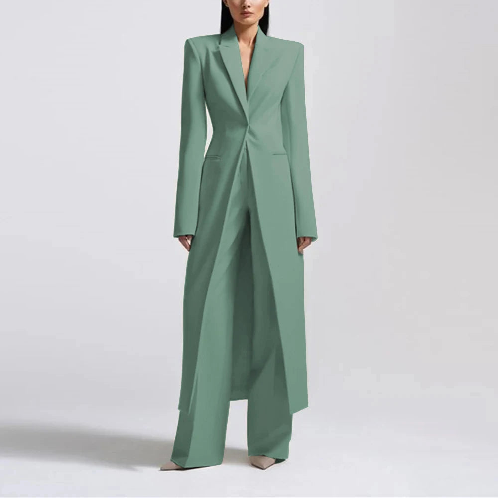 Fashion Beige Women's Blazer PantsSuit Peak Lapel Long Coat Wedding Formal Suits Office Lady Jacket Pant 2 Piece