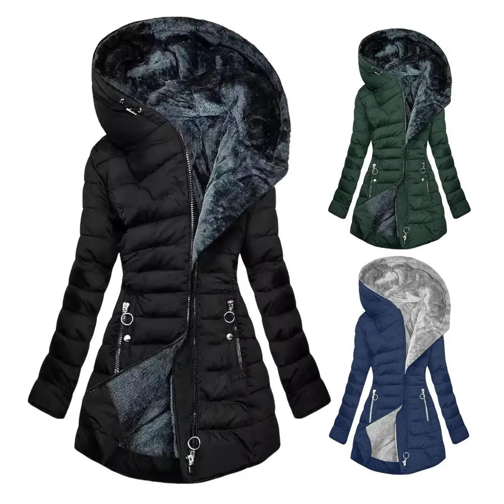 Long Sleeve Coat Plus Size Women's Winter Jacket with Plush Lining Hooded Outerwear Warm Windproof Down Coat for Cold Weather