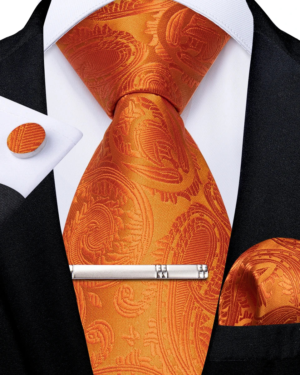Men's Tie Set with Clip Luxury Retro Striped Floral 8cm Necktie Handkerchief Cufflinks Wedding Party Business Accessories Gift