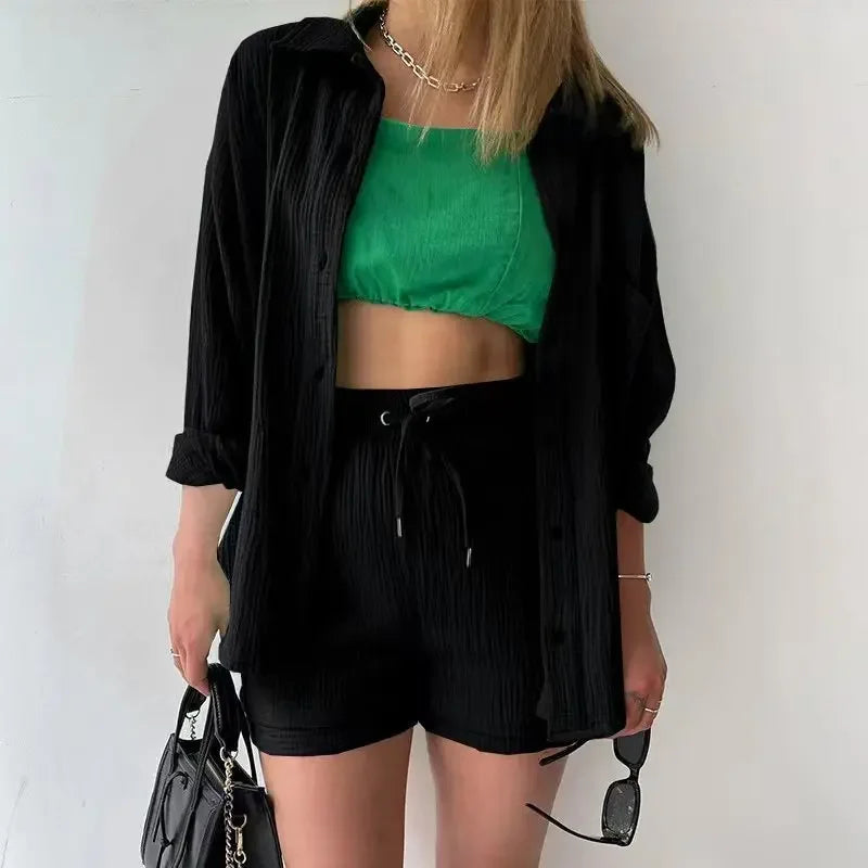 Short Sets Women Tracksuit Single Breasted Cardigan Blouses Two Pieces Shorts Loose Button High Street Solid Pockets Folds