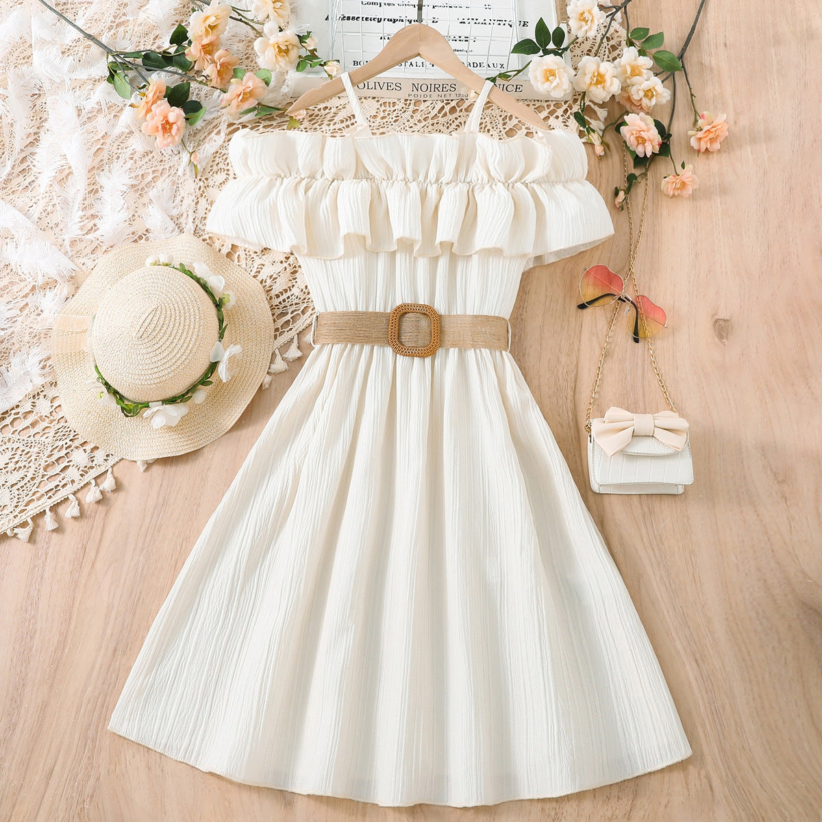 Summer Girl Dress Off Shoulder Fashion Girl Clothes Teenager Beach Dress with Belt Kid Outfits Children Clothing Plus Size Teens