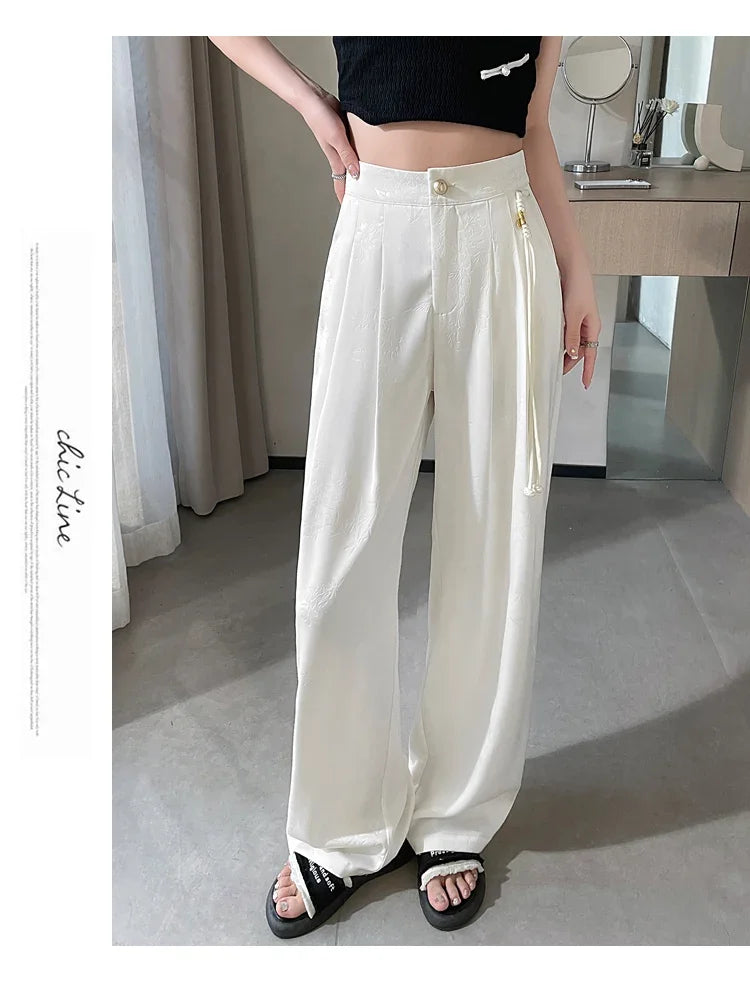 New Chinese Style Jacquard Wide Leg Satin Pants for Women Elegant Solid Office Lady Women's Casual Loose Pants Female