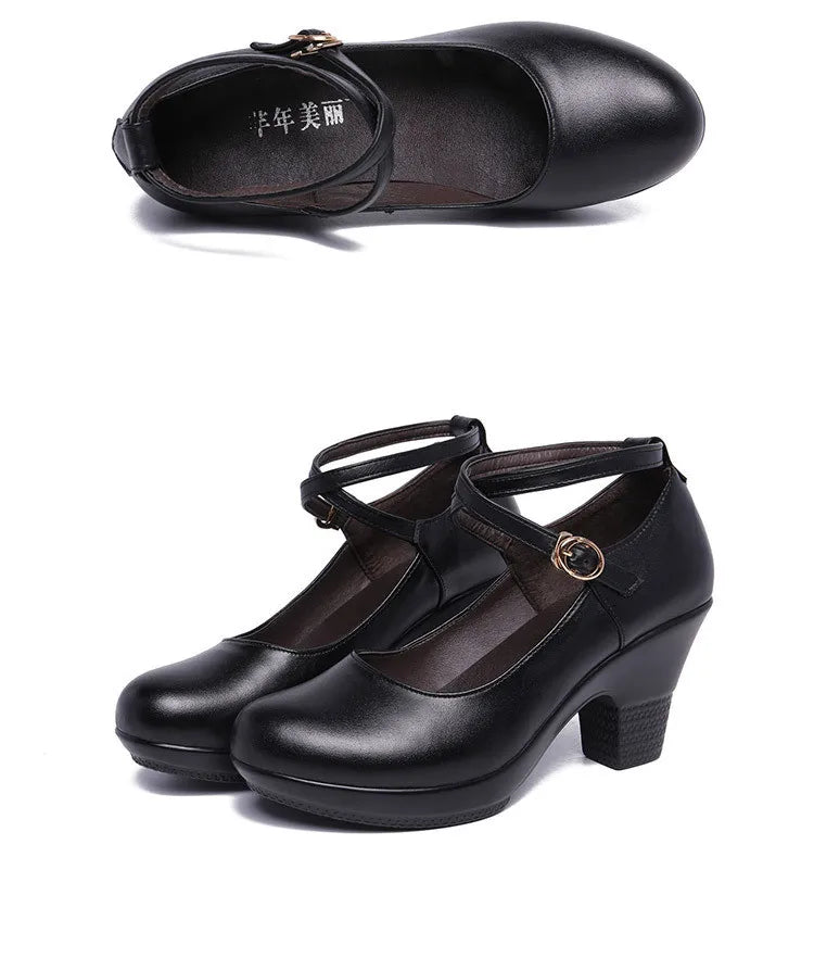 7cm Small Size 32-43 Gladiator Pumps Women Genuine Leather Shoes 2024 Med Block Heels Platform Shoes for Office Model Dance Mom
