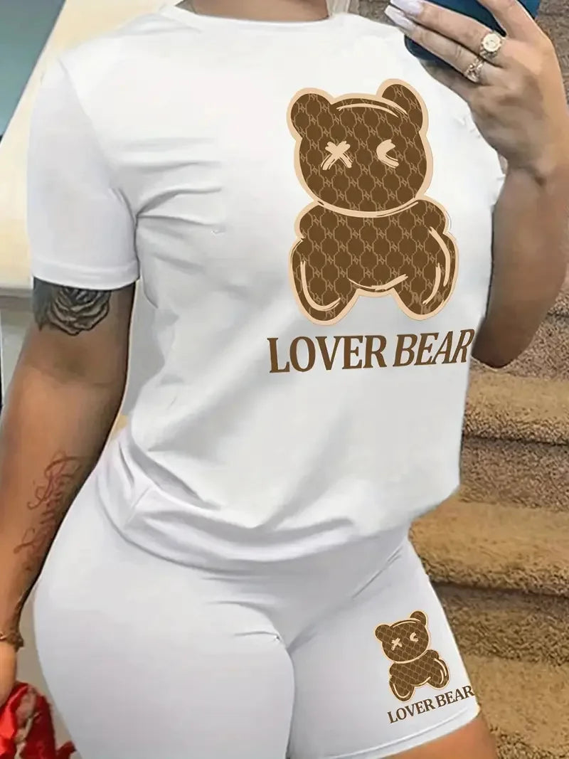 Women Two-piece Set Short Sleeve Bear Print Casual T-Shirt & Shorts 2pcs Outfits For Summer Women's Clothing