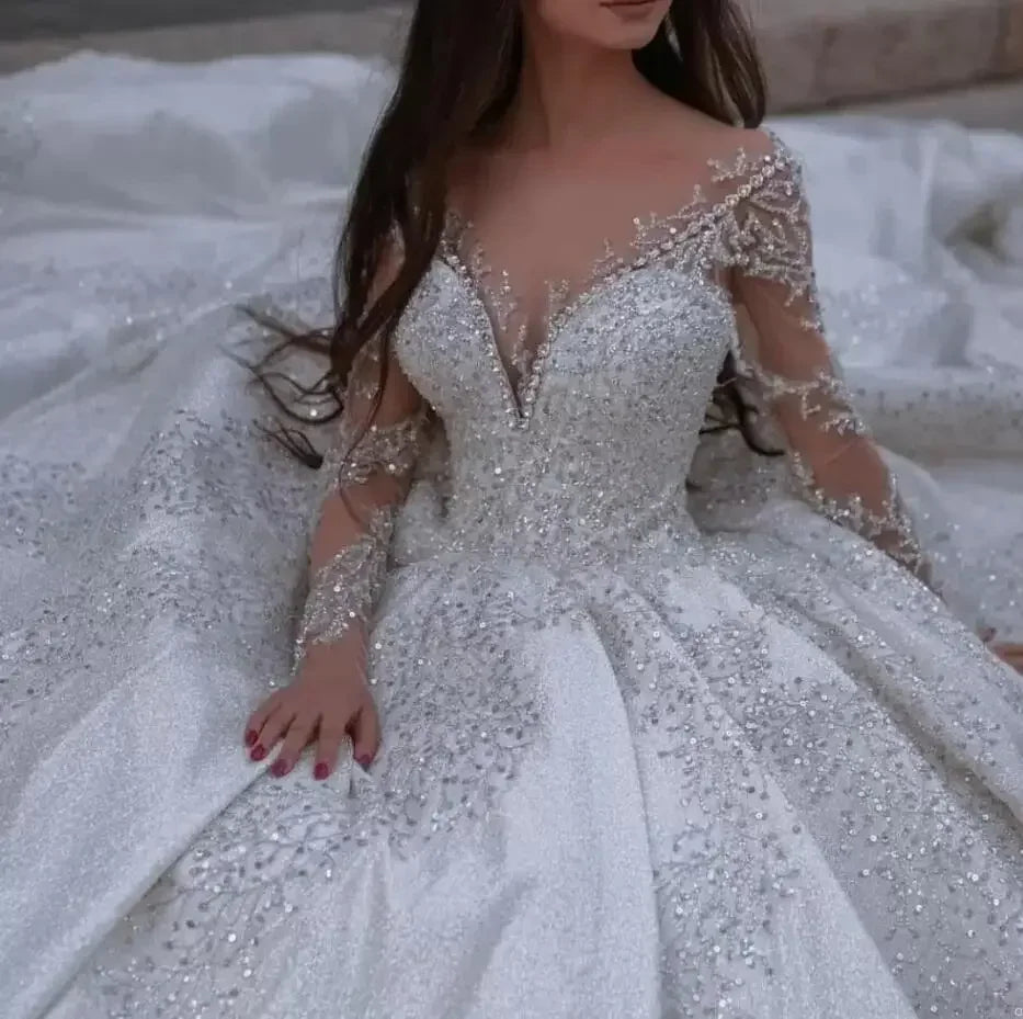 Customized Deep V Neck Full Beaded Sequins Wedding Dress Cathedral Train Long Sleeves Vestido De Casamento Bridal Gowns