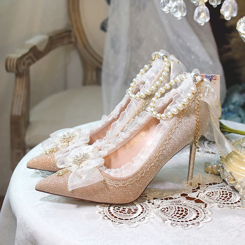 Lolita High Heels One Night Story Lolita Shoes Shiny Pointed High Heels Flower Wedding Ceremony 18 Year Old Slim Heels