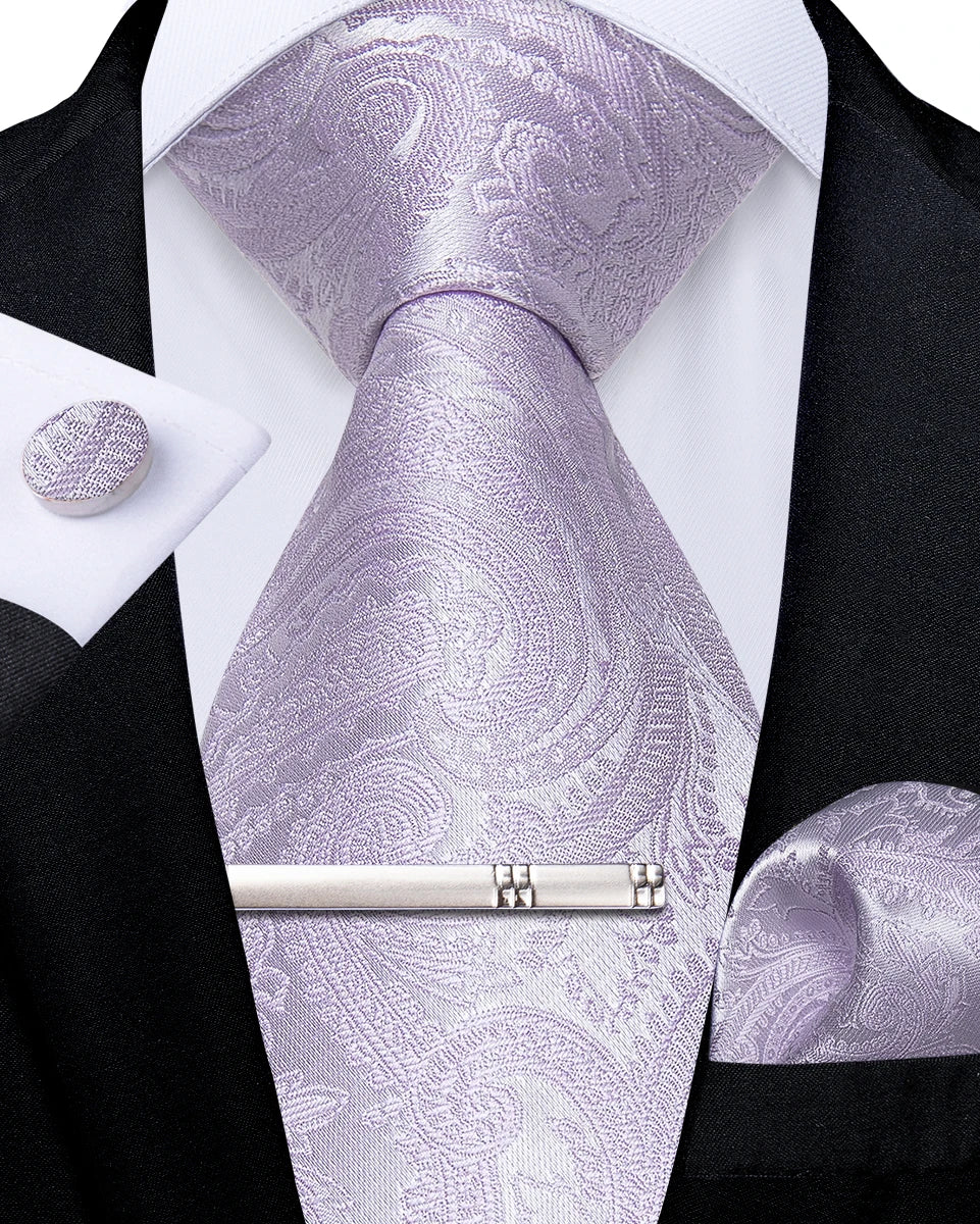 Men's Tie Set with Clip Luxury Retro Striped Floral 8cm Necktie Handkerchief Cufflinks Wedding Party Business Accessories Gift