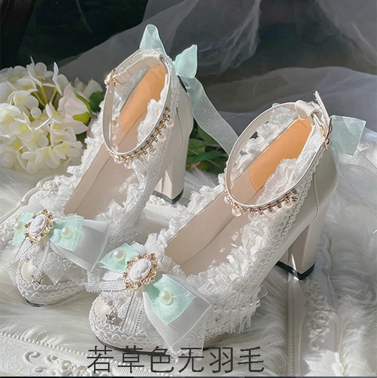 Original Handmade Lolita High Heels Heavy Industry Feather Stitching Pearl Bow Lace Platform Shoes Round Head Princess Heels