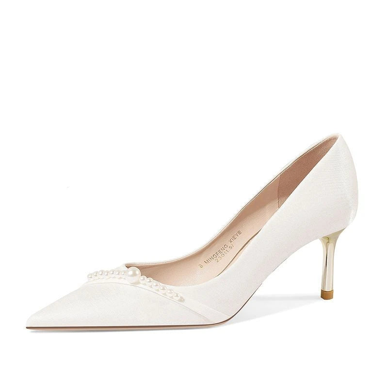 Women's Summer Footwear Bride Pumps Shoes for Woman 2024 Wedding Shoe on Heeled Pointed Toe Pearl Stilito High Heels Popular 39