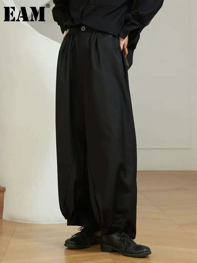 EAM High Waist Two Ways Wear Black Wide Leg Long Pants New Loose Fit Trousers Women Fashion Tide Autumn Spring 2025 1DF3635