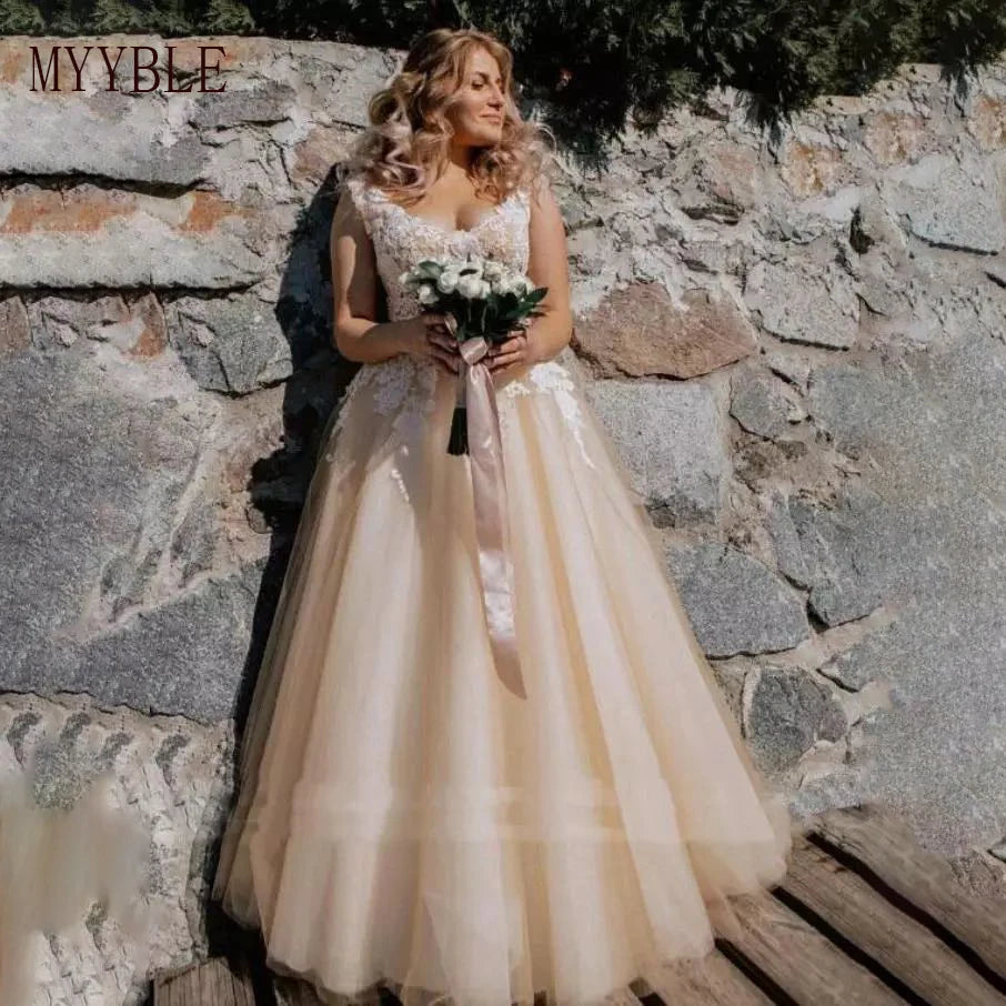 Customized Plus Size V Neck Applique Cap Sleeve Elegant A-line Wedding Dresses Lace Up Champagne Bridal Dress Vestido De Novia