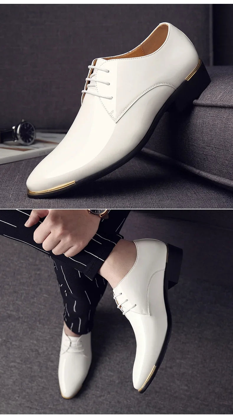 2024 New Men’s Patent Leather Shoes British Style Men's Dress Shoes Lace Up Pointed Toe Wedding Business Party Social Shoe Male