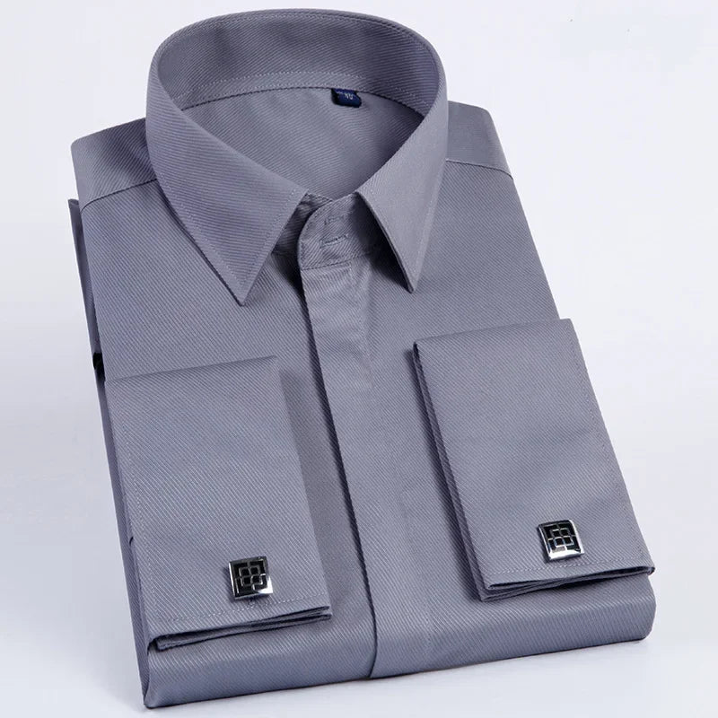Spring Autumn Men's French Cufflinks Business Dress Shirt Sleeve Pin Solid Color Non-iron Shirts Slim Fit Party Men's Wear